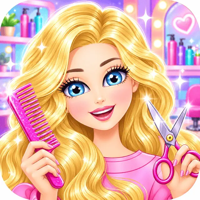 Hair Salon Makeover artwork featuring a blonde character, comb and scissors